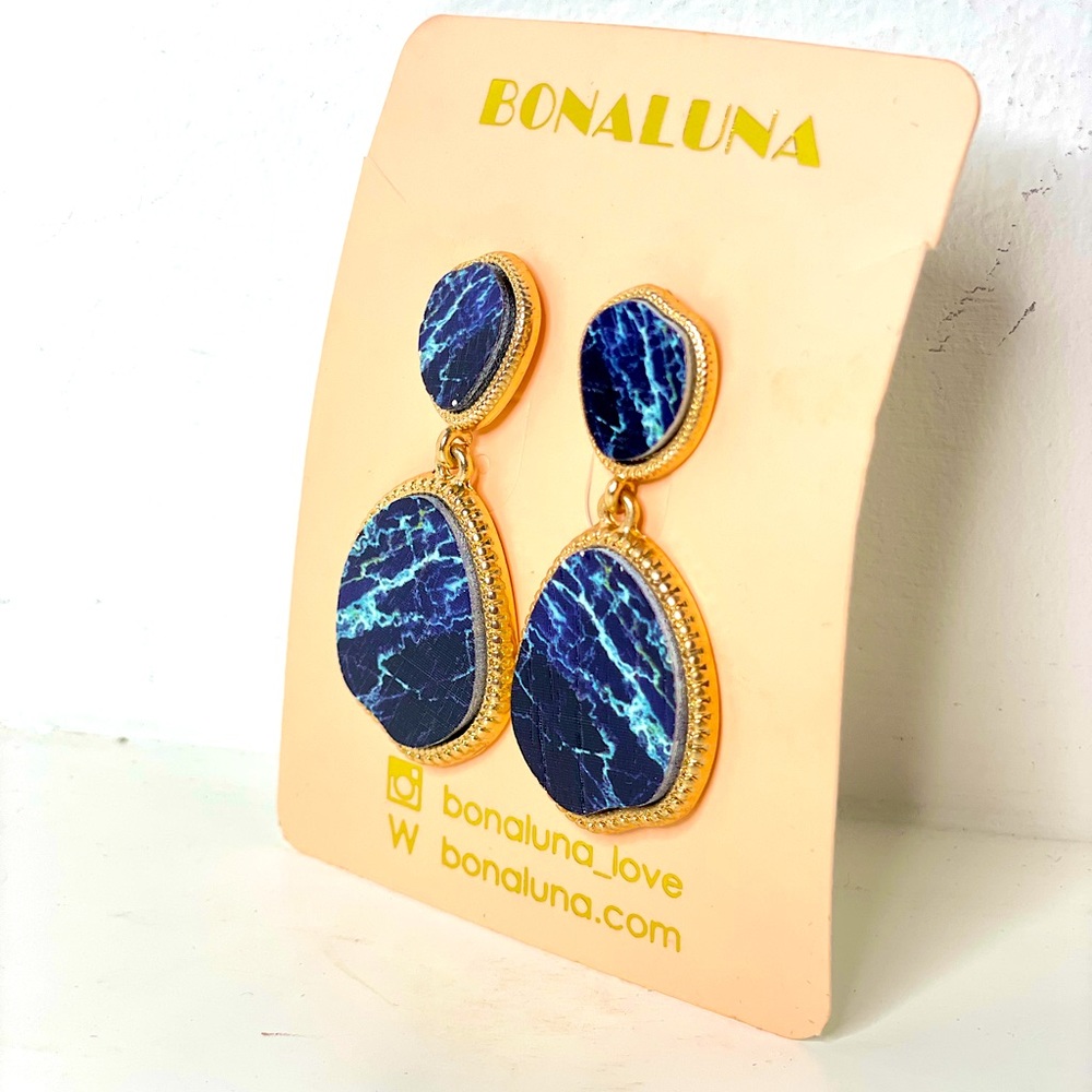 Earrings: marble print on wood. Bohemian oval shaped statement earrings.